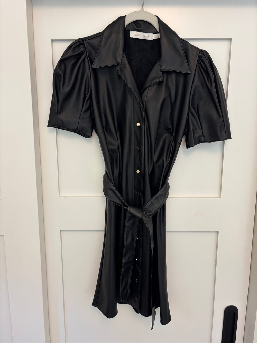 bishop + young Black Faux Leather Midi Shirt Dress with Puff Sleeves